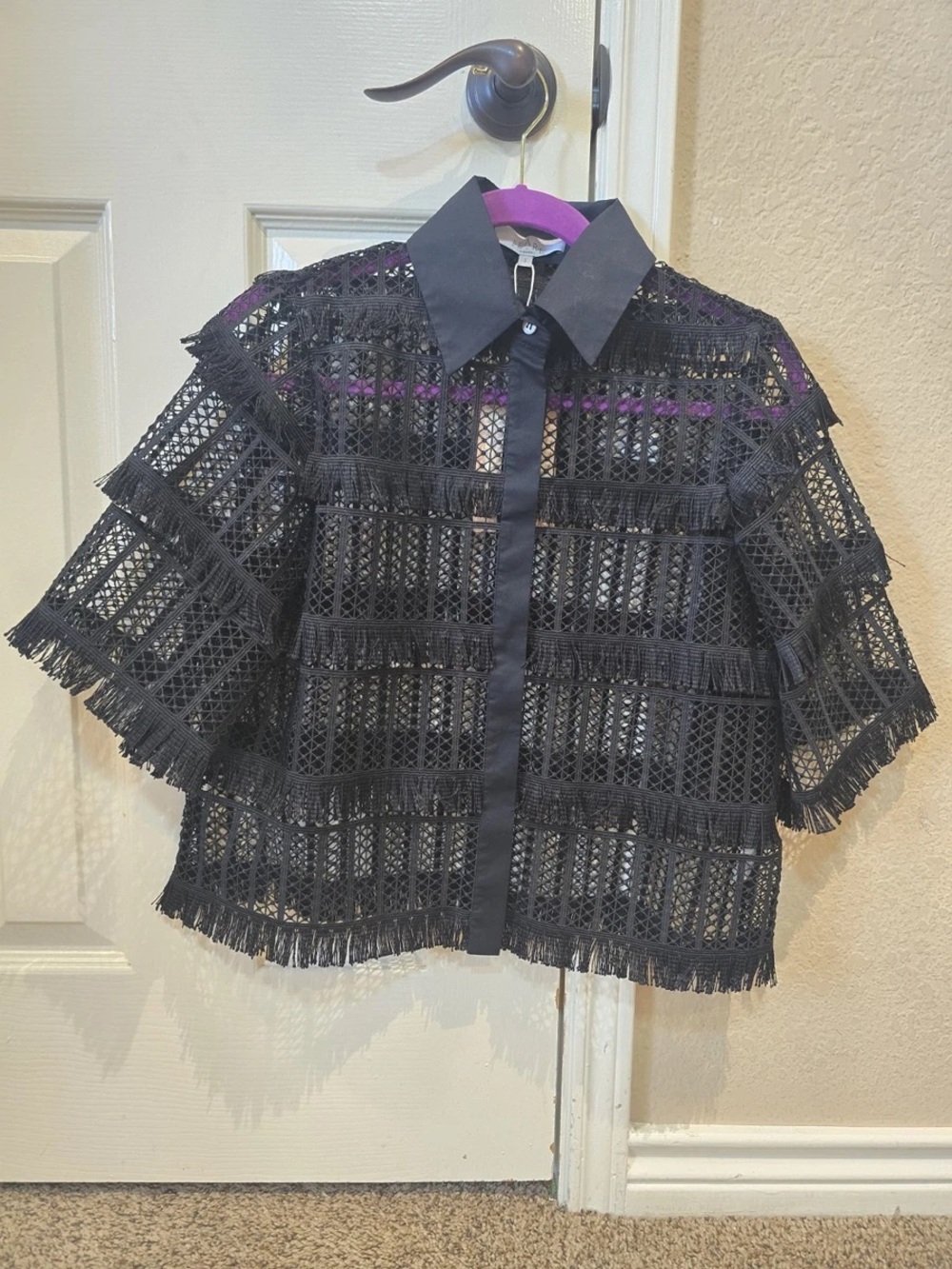 Black Crochet Fringe Button-Down Blouse with Pointed Collar